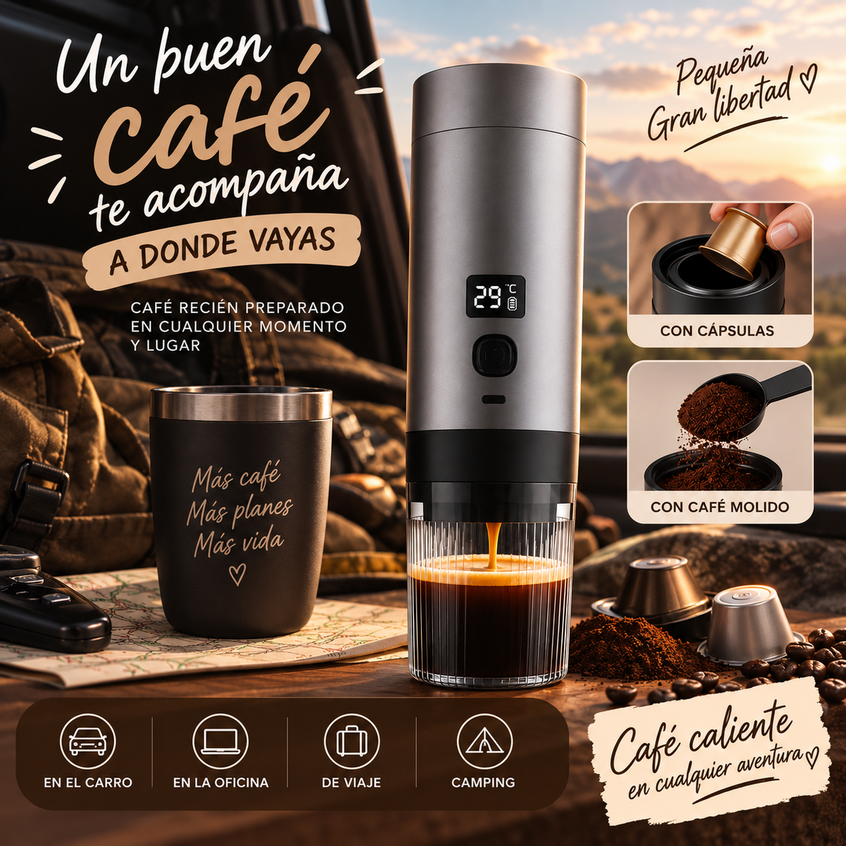 Cafetera Portátil 3 en 1 para Cápsulas y Café Molido